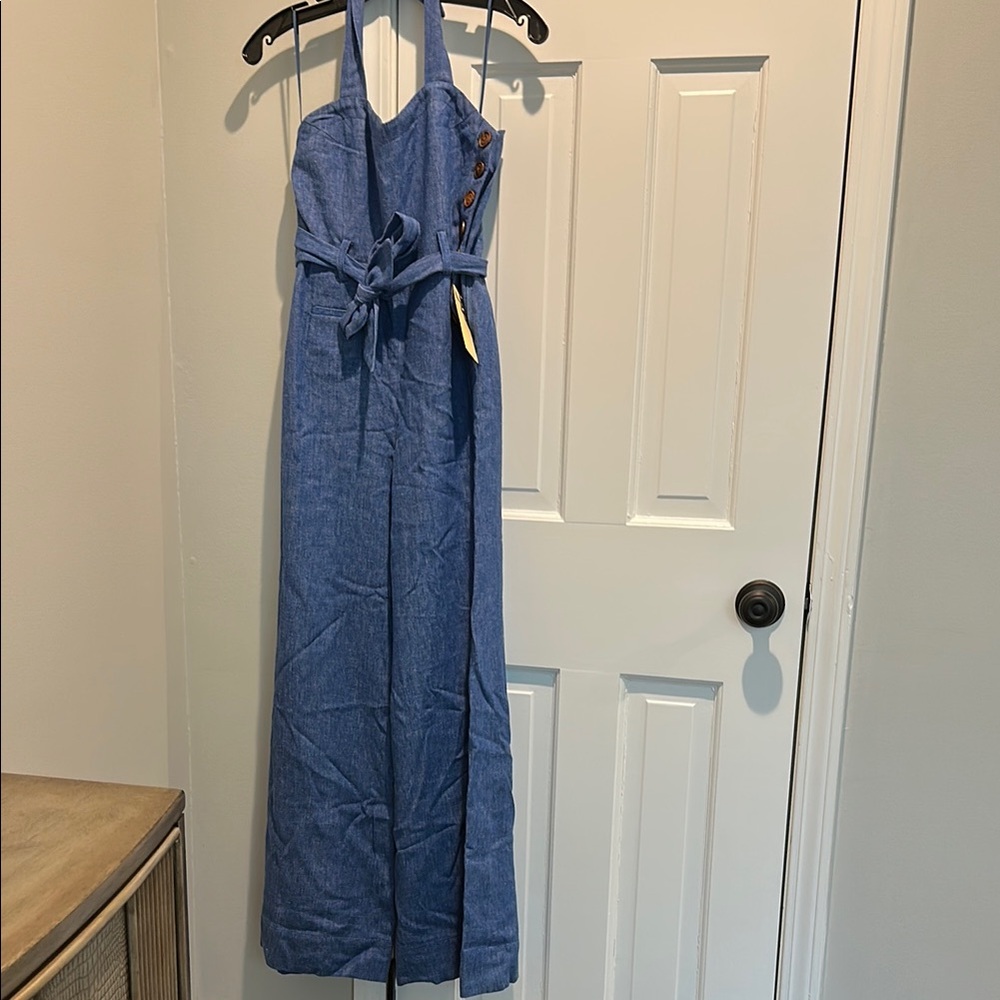 Elevenses Anthropologie Blue Denim Halter Jumpsuit - Petite 0 NWT